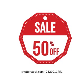 A bold red octagonal tag with a dashed border, shouting 