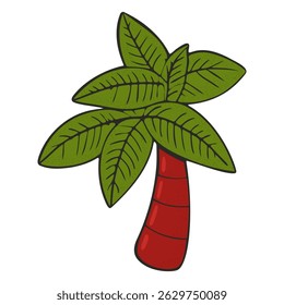 Bold red palm tree with wide green leaves in fun, stylized illustration isolated on transparent background. Ideal for tropical or summer themed projects. Vector art