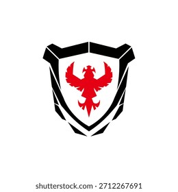 A bold red phoenix symbol inside a sleek black shield, ideal for branding, security logos, team emblems, and modern identity design.