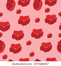 Bold red poppies with black details on a pale pink background. Striking and elegant floral pattern