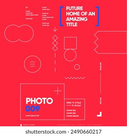 Bold red poster with a striking layout of geometric shapes and placeholders for future content, designed to capture attention.