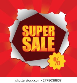 Bold red promotional design with torn paper effect revealing large 