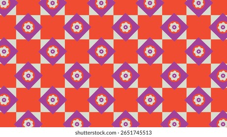 Bold red and purple retro flower tiles on a geometric grid layout, evoking vintage ceramic charm and colorful visual rhythm.