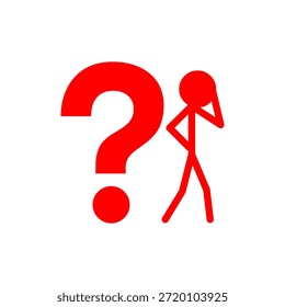 Bold red question mark symbol with thinking stick figure on transparent background. Doubt, uncertainty, or problem-solving. 
