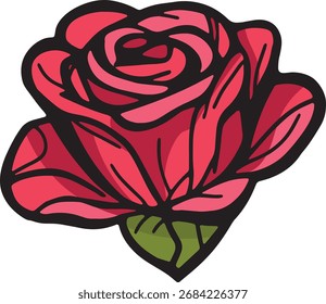 Fette rote Rosengrafik mit aufwändigen Blütendetails und auffälligen Umrissen, die das Wesen der Schönheit und Eleganz der Natur für kreative Projekte einfangen