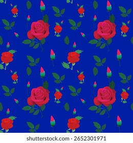 Bold Red Roses and Buds on Deep Blue Seamless Pattern