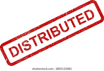 A bold red rubber stamp with the word 'DISTRIBUTED' printed in uppercase letters, ready for use on documents or packages.
