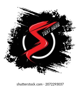 A bold red "S" with a sharp, edgy design cuts across a grunge-style black paint splash background, accented by a semi-circular white stroke and metallic "TEXT HERE" label. The composition feels intens