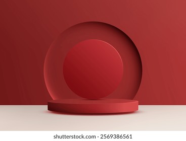 A bold red scene featuring a cylindrical podium with a layered circular backdrop. Showcasing products in a modern, geometric style, mockups and showrooms.