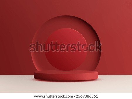 A bold red scene featuring a cylindrical podium with a layered circular backdrop. Showcasing products in a modern, geometric style, mockups and showrooms.