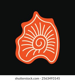 Bold red seashell with a flowing spiral pattern in a flat vector style