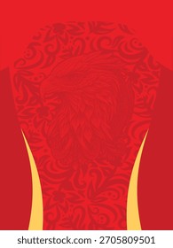Plantilla de jersey de fútbol rojo atrevido con un motivo de cabeza de águila central y sutil textura ornamental floral. Diseño simbólico de kit deportivo con detalles dorados. Ideal para ropa de equipo.