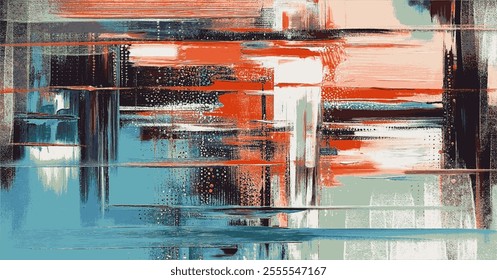 Bold red and soft blue hues creates a visually engaging abstract composition, featuring layered strokes and textured patterns in a contemporary surrealism style