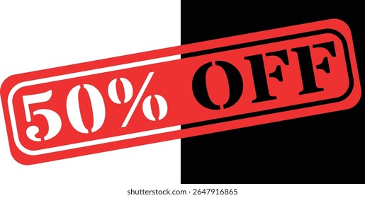 Bold red stamp announcing fifty percent off sale