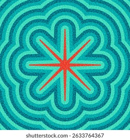 Bold red starburst with teal ripple pattern. Retro style vector illustration with energetic and vibrant feel.