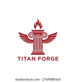 Logotipo rojo de Titan Forge con una columna iónica alada coronada por una antorcha en llamas. Evocando fuerza, herencia, artesanía e identidad corporativa para la marca de negocios y el diseño de emblemas.