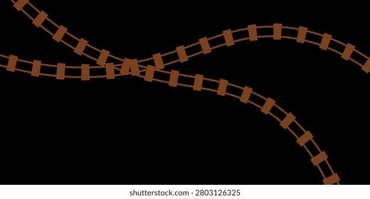 Bold red train tracks curve and cross against a stark black background, forming an abstract railroad intersection that evokes motion, tension, connection and industrial transport design for creative projects.

