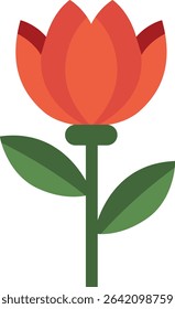 A bold red tulip with lush green leaves, capturing the vibrancy and elegance of spring in a clean, eye-catching design.
