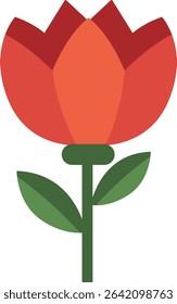 A bold red tulip with lush green leaves, capturing the vibrancy and elegance of spring in a clean, eye-catching design.