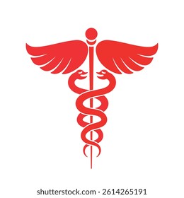 A bold red vector illustration of the Caduceus medical symbol, featuring two entwined snakes around a winged staff. Commonly associated with medicine, emergency services, and healthcare organizations.