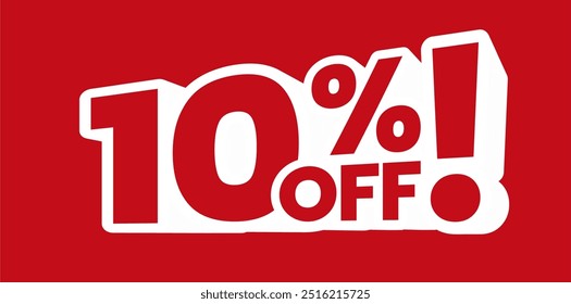 Bold red and white 10% off discount banner. Perfect for promotions, sales events, and special offers. Eye-catching design for online and in-store advertising campaigns.