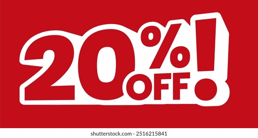 Bold red and white 20% off discount banner. Perfect for promotions, sales events, and special offers. Eye-catching design for online and in-store advertising campaigns.