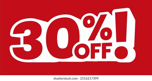 Atrevido rojo y blanco 30% de descuento en el Anuncio. Perfecto para promociones, eventos de ventas y ofertas especiales. Diseño llamativo para campañas publicitarias en línea y en la tienda.
