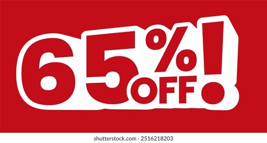 Bold red and white 65% off discount banner. Perfect for promotions, sales events, and special offers. Eye-catching design for online and in-store advertising campaigns.