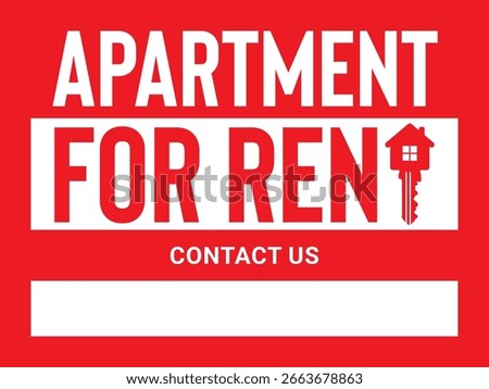 Bold red and white Apartment for Rent sign with tall font and contact space. Eye-catching real estate rental banner design, perfect for marketing and advertising