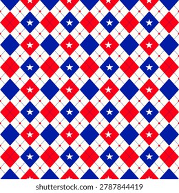 Bold red, white, and blue harlequin diamond pattern decorated with stars in a seamless repeating layout. Great for patriotic celebrations, Independence Day decorations, party supplies, textiles, and festive backgrounds.