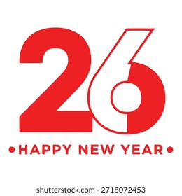 Um gráfico vermelho e branco em negrito exibindo '26' em grandes números com 'FELIZ ANO NOVO' escrito abaixo em texto menor, isolado no fundo branco