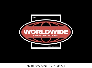 A bold red and white oval logo with the word WORLDWIDE prominently displayed, featuring a globe icon and the text URBAN STREETWEAR HYPE below it, set against a black background with subtle white rectangular outlines.