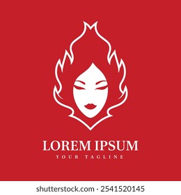 Bold Red and White Woman Face in Fire Silhouette Perfect for Beauty, Salon, Spa, and Empowerment Brand Identity