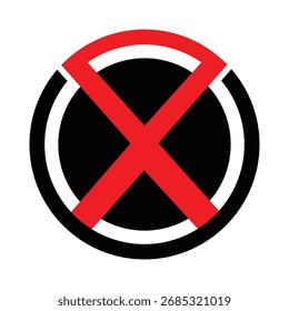 Icono rojo negrita de la marca X para la prohibición, parada, error, cancelación y símbolo de restricción en el fondo negro del círculo
