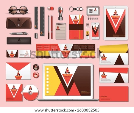 Bold red and yellow geometric branding design set including digital and print corporate materials.