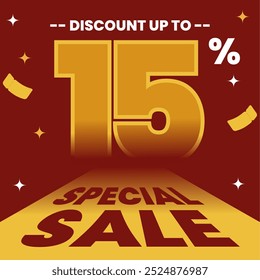 Bold red and yellow sale banner with 15% discount, eye-catching design to attract attention. Perfect for promoting limited-time offers and boosting sales.