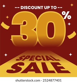 Bold red and yellow sale banner with 30% discount, eye-catching design to attract attention. Perfect for promoting limited-time offers and boosting sales.