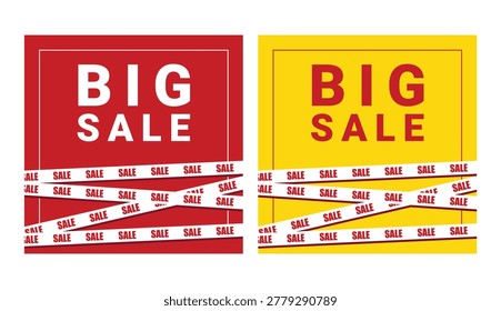 Bold red and yellow square posters reading BIG SALE are crossed by repeating SALE tape strips, conveying urgent discounts, clearance promotion and retail marketing for stores, e‑commerce and seasonal events.