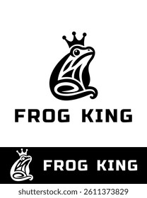 A bold and regal logo design featuring a stylized frog wearing a crown in black and white