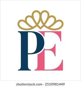 A bold and regal logo featuring the letters "PE" topped with an elegant crown, symbolizing leadership, excellence, and prestige. This design is ideal for premium brands, educational institutions,