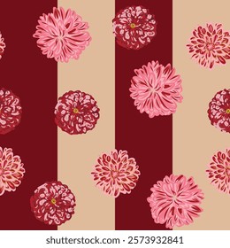 Bold repeat pattern of pompom Dahlia blooms on a deep red and cream vertical stripe.

Designed by Anne Hickley www.marbledbeauty.co.uk
