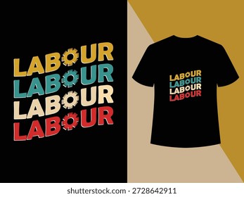 Diseño de camiseta de tipografía LABORISTA repetida que simboliza la fuerza laboral, ideal para eventos del Día del Trabajo y ropa de activista.