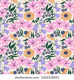 Diseño floral audaz y repetitivo con pétalos y hojas exuberantes. Limpie las líneas de Vector en colores saturados y alegres. Perfecto para fondos vibrantes