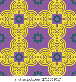 Una geometría floral repetitiva audaz con líneas en capas de color amarillo brillante sobre un fondo púrpura, acentuado por Formas de flores de color verde azulado. Conveniente para las impresiones de la moda, los carteles, el arte de la pared, el empaquetado, y el diseño de la marca.