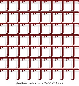 Um padrão de forma "T" em negrito e repetido em branco e vermelho profundo, formando uma grade geométrica estruturada. O design uniforme e alto contraste lhe dão um ritmo visual impressionante e moderno.