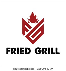 Bold Restaurant Logo Featuring Intertwined Letters Above "Fried Grill" and Fiery Symbol, Red and Black