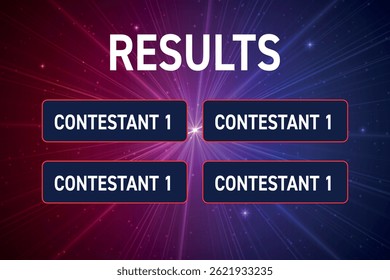 Bold results display showing contestant names on a vivid starburst red-blue backdrop.