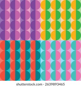Bold retro 1960s or 1970s geometric seamless pattern featuring circles halved with split colors. Semi circles with duel colors in groovy color palette. For poster and wallpaper. Vector, EPS 10.
