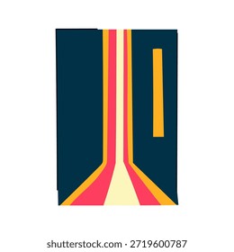 Gráfico retro atrevido de la década de 1970 con rayas de colores convergentes y Formas geométricas, creando una perspectiva dinámica y una energía moderna nostálgica y vibrante para carteles o Fondos de pantalla