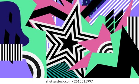 Bold retro 80s abstract with star shapes. Geometric elements and vibrant colors. A playful mix of pop art background